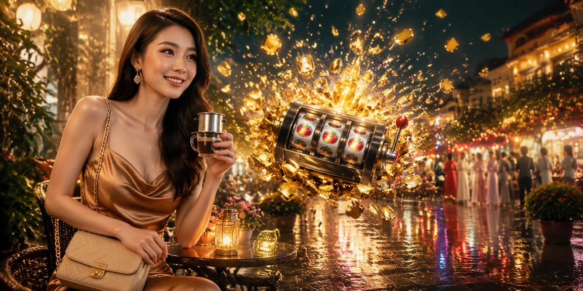Người dùng tại Đà Lạt thư giãn trong quán cà phê và tham gia slot game trực tuyến